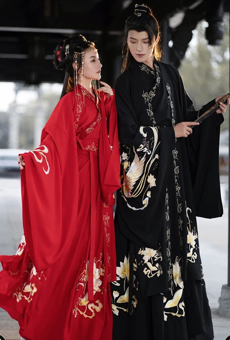 

Chinese Ancient Hanfu For Couples Halloween Cosplay Costume Party Dress Hanfu Jacket Red Black Sets For Men Women Plus Size