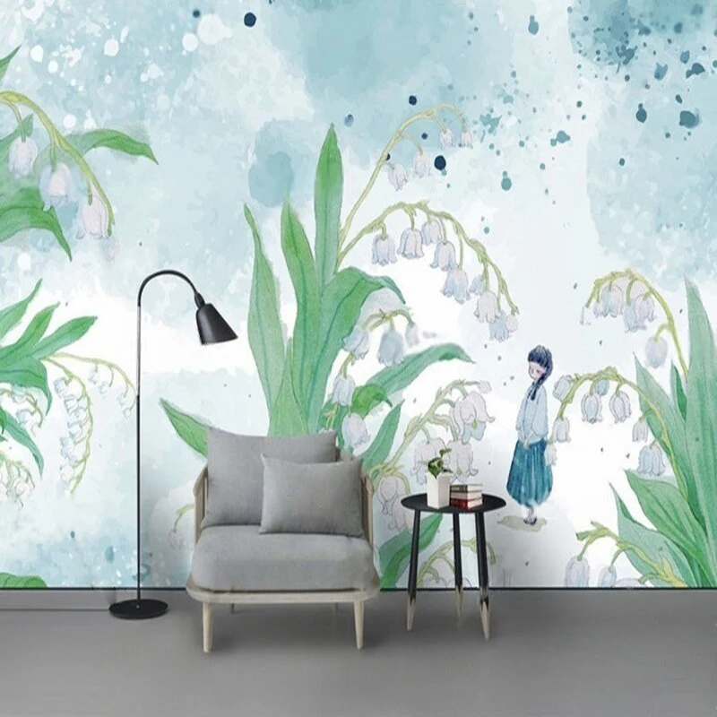 

New modern simple hand-painted flower beautiful and fresh mural TV luxurious home decoration bedroom background wall