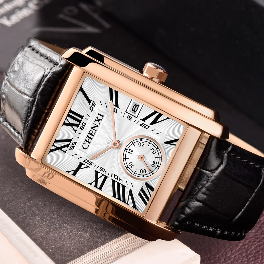 CHENXI 8216 Fashion Classic Square Brown Leather Strap Wristwatches Mens Top Luxury Brand Watches Quartz Clock Montre Femme