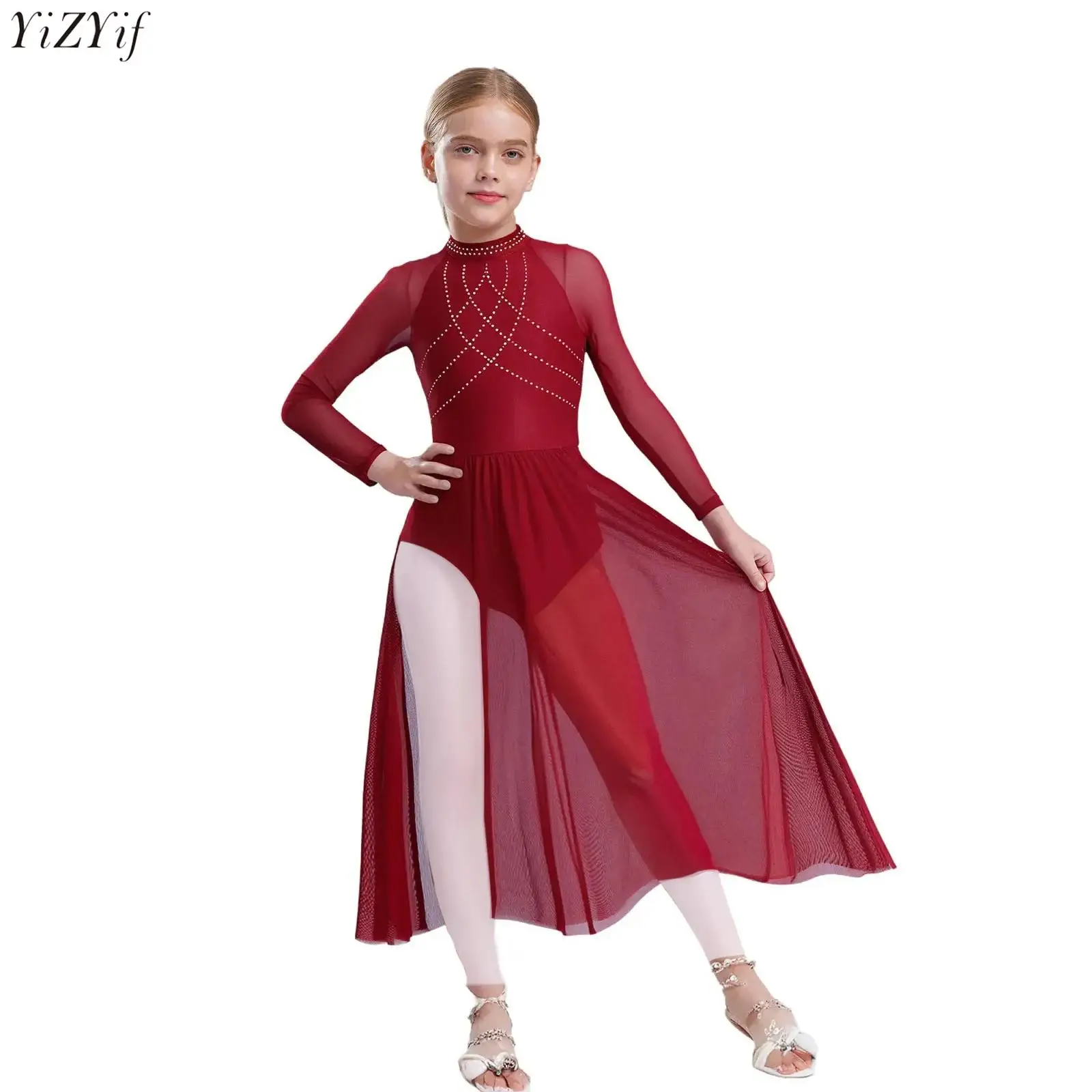 

Kids Girls Lyrical Dance Leotard Dress Ballet Dresses Shiny Rhinestones Sheer Mesh Patchwork Flowy Split Long Sleeve Dresses New