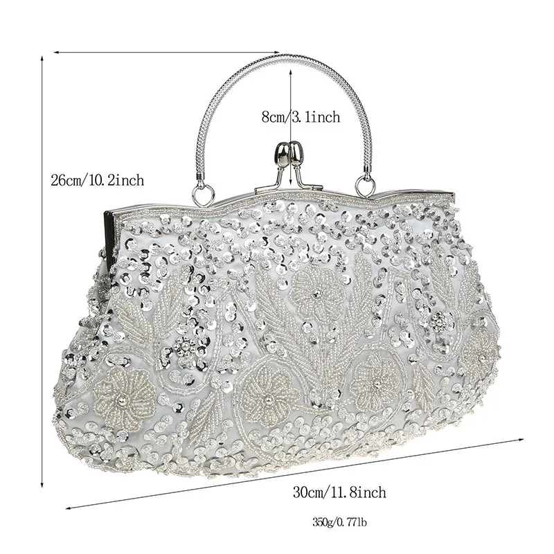 Vintage Beaded Sequin Evening Bag Women Clutches 2024 Metal Handle Party Handbags With Tiny Glass Beads Shoulder Messenger Bags