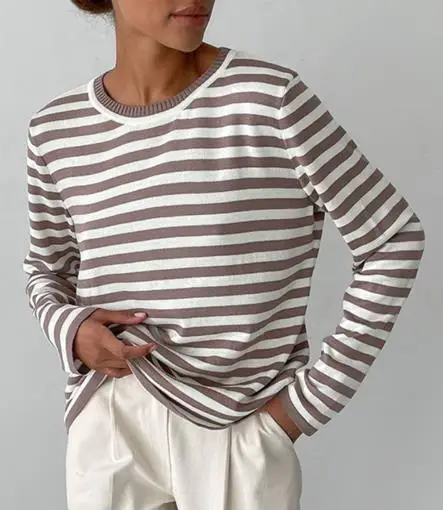 

Women's round Neck Knitted Stripe Sweater Classic Retro Hooded 2025 Spring Versatile Fashionable Comfortable Fit