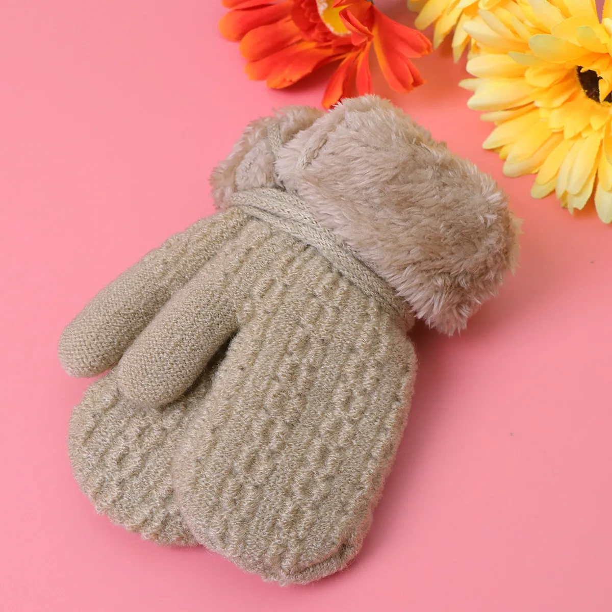 

Kids Winter Warm Lined Knitted Beige 1-4 Years Full Finger Coverage Cold Weather Protection Winter Gloves Kids Hanging