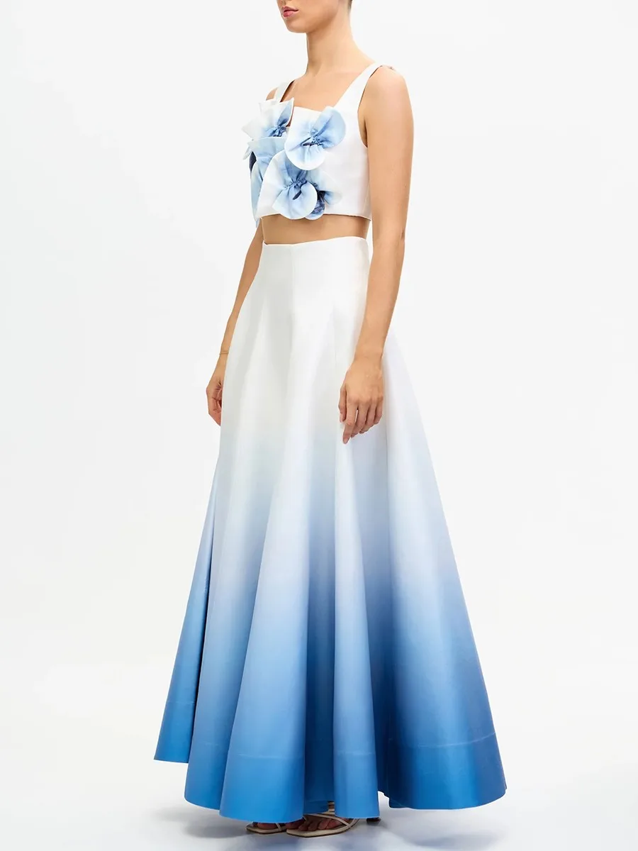 Twotwinstyle hit color moda conjuntos de duas peças para mulheres pescoço quadrado sem mangas emendado flor 3d topo saia de cintura alta conjunto feminino