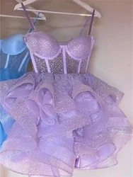 Shiny Simple Purple Off Shoulder Short Homecoming Dresses Balls Gown Beaded Mini Cocktail Prom Party Graduation Gown BM394