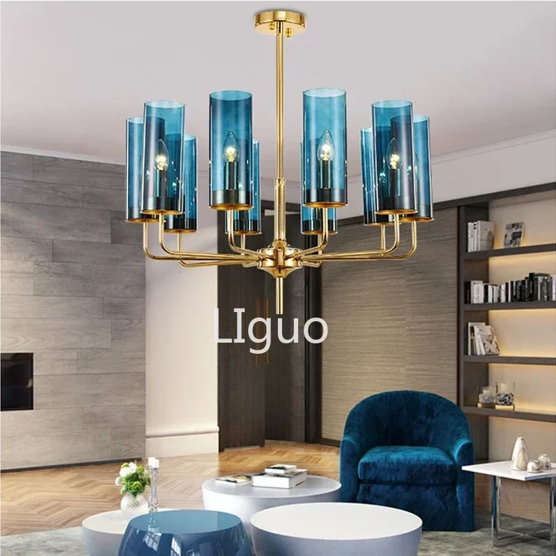 Modern luxury glass chandelier lighting 6-15 heads blue/Cognac nordic hang lamp living dining room bedroom indoor light fixture