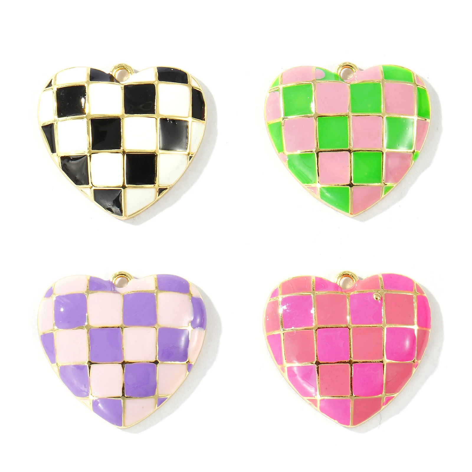 2pcs Brass Charms Valentine's Day Heart Grid Checker Multicolor Enamel Pendants For Women DIY Necklace Jewelry Findings  22x20mm