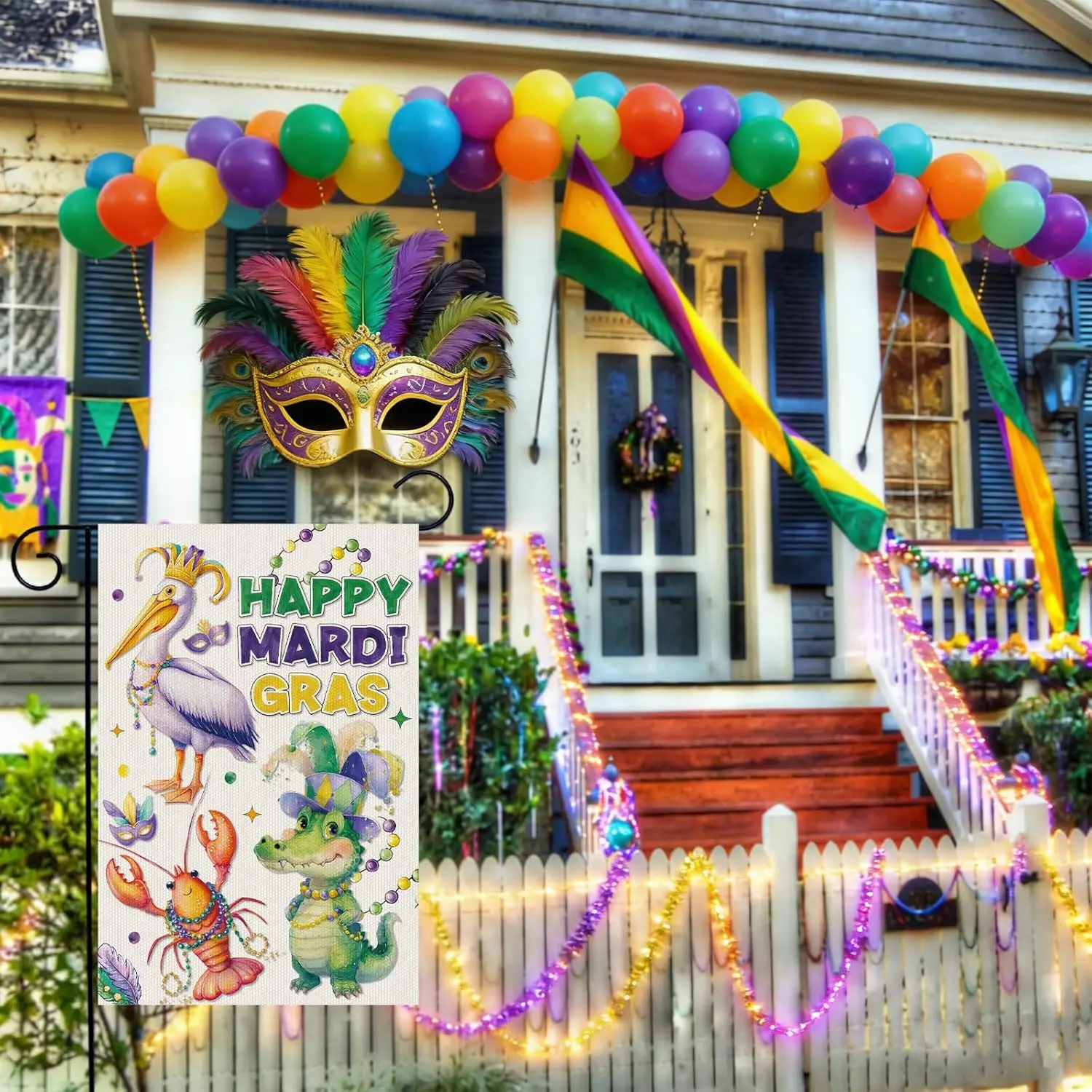 Mardi Garden Flags Decorations - 12x18 Inch Cute Green Alligator Double Sided Outdoor Garden Flag, Happy Mardi Masked Lobste PPM