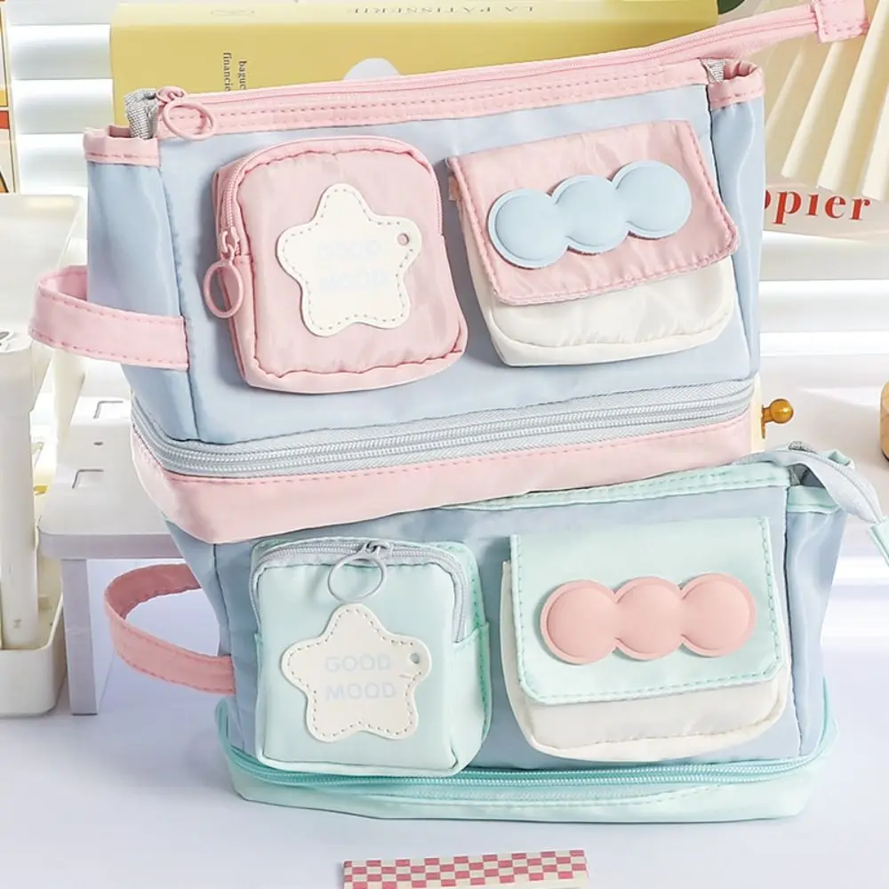 New Contrast Color Pen Bag Zipper Design Handheld Pencil Case Large Capacity Stationery Storing Bag Students