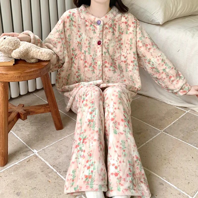 Conjunto de pijama con cárdigan para mujer, ropa de dormir cálida de manga larga con forro polar, ropa de dormir cómoda y acogedora para el hogar, novedad de otoño