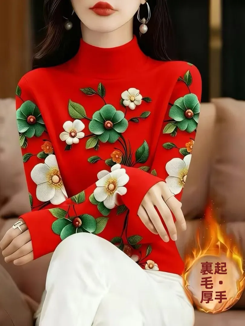 New Autumn Winter Warmth Enhanced Half High Collar T-Shirt Women's Long Sleeve Fashion Print Base Shirt Casual Style Universa...