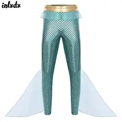 Mens Mermaid Seas King Cosplay Costume Mermaid Fish Scale Print Metallic Shiny Tights Pants Leggings Halloween Cosplay Outfit