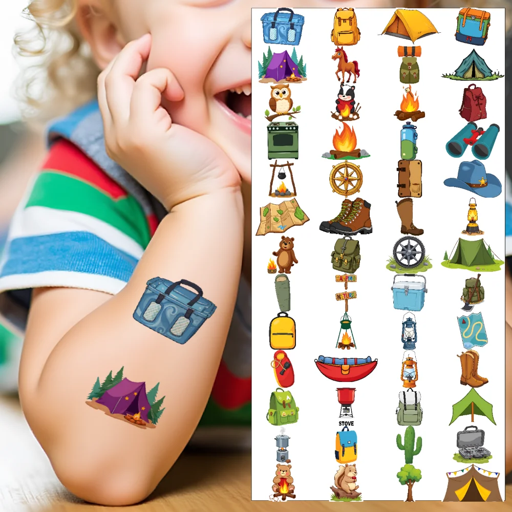 

63pcs Temporary Tattoo Camping Stickers Temporary Tattoo Stickers Hiking Stickers Cartoon Camp For Boys Cheeks Children