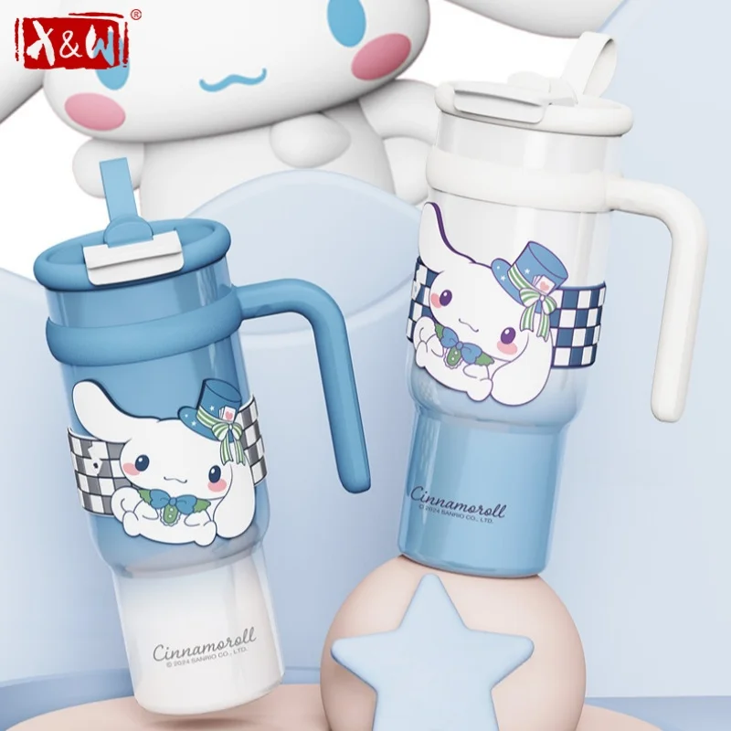 X&W Sanrio Cartoon Straw Thermal Mug Large Capacity Car Cup 900ml Outdoor Ice Bucket Cups Keep Warm & Cold Drink Cup with Handle