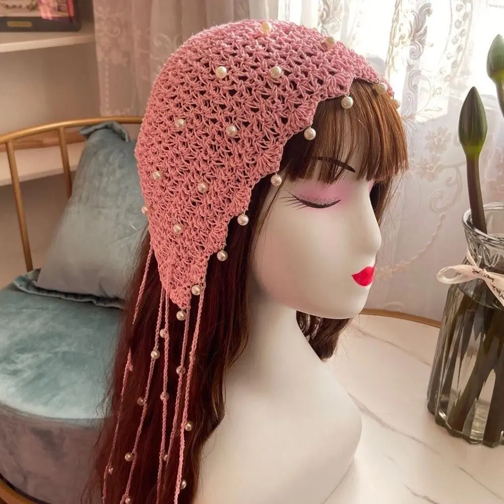 

Cute Handmade Crochet Hats Pearl Retro Headscarf Hats Ethnic Hollowed Out Bun Hats Summer