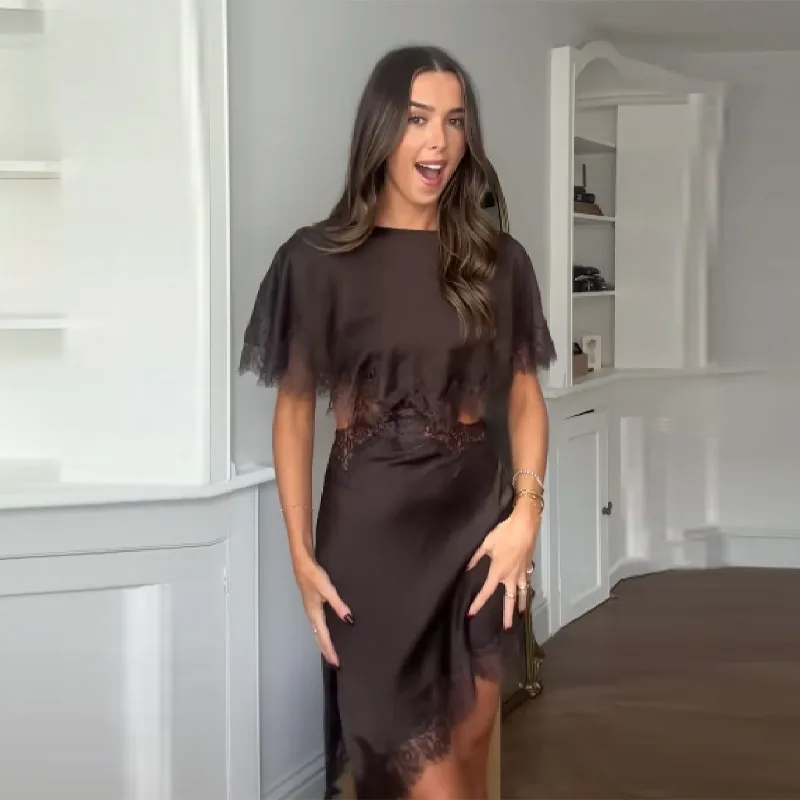 Vestido elegante francês glam cetim renda painéis recorte capa-manga mini vestidos femininos sexy retro leve festa roupa feminina