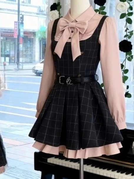 Korean Fashion Sweet Plaid Mini Dress for Women Bow Shirt Style Pleated Skirt Cute Vintage Autumn Winter Elegant Chic Outfit