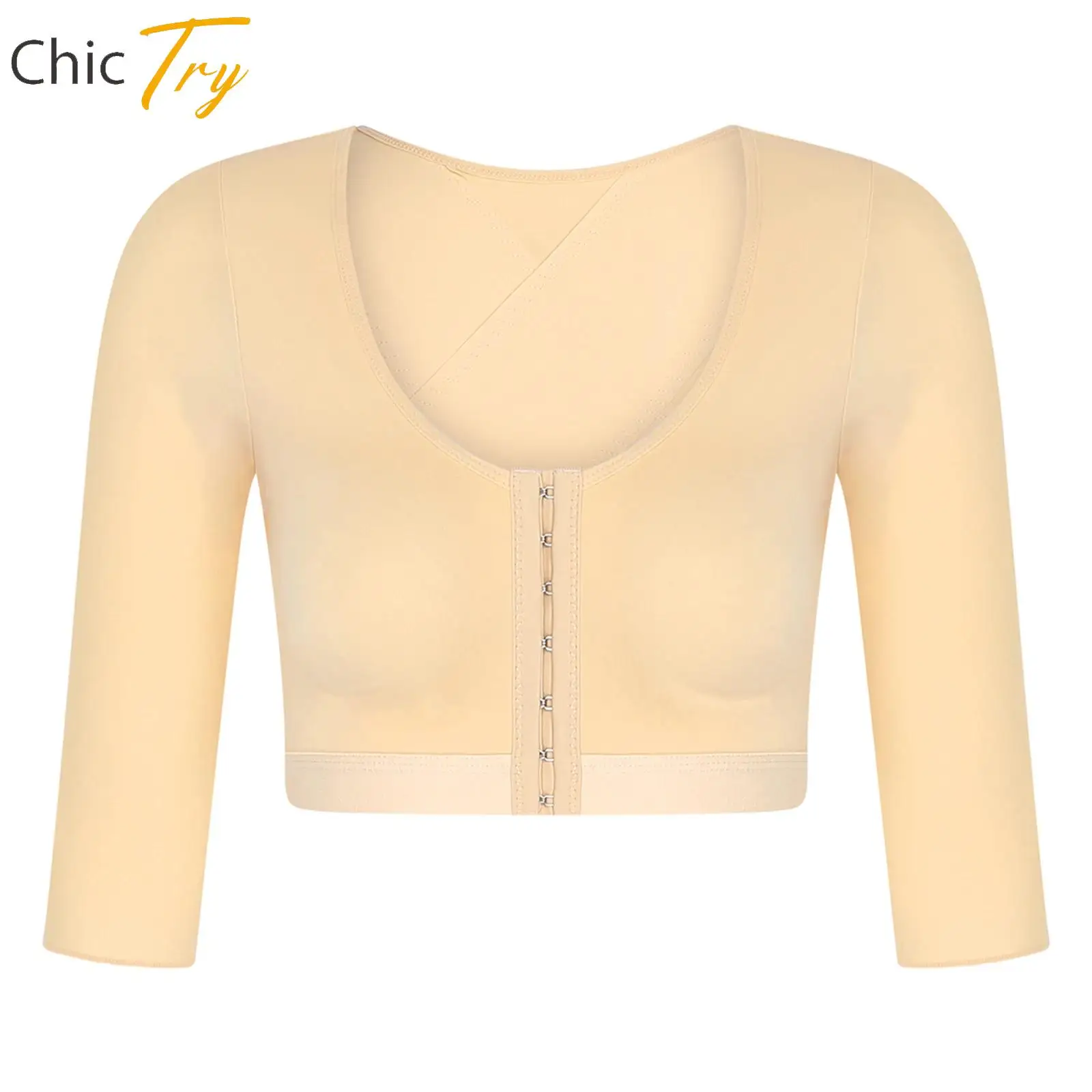 

New Womens Front Closure Athletic Bra Yoga Workout Gym Fitness Sportswear Shapewear Scoop Neck 3/4 Sleeves Sports Gym Underwear