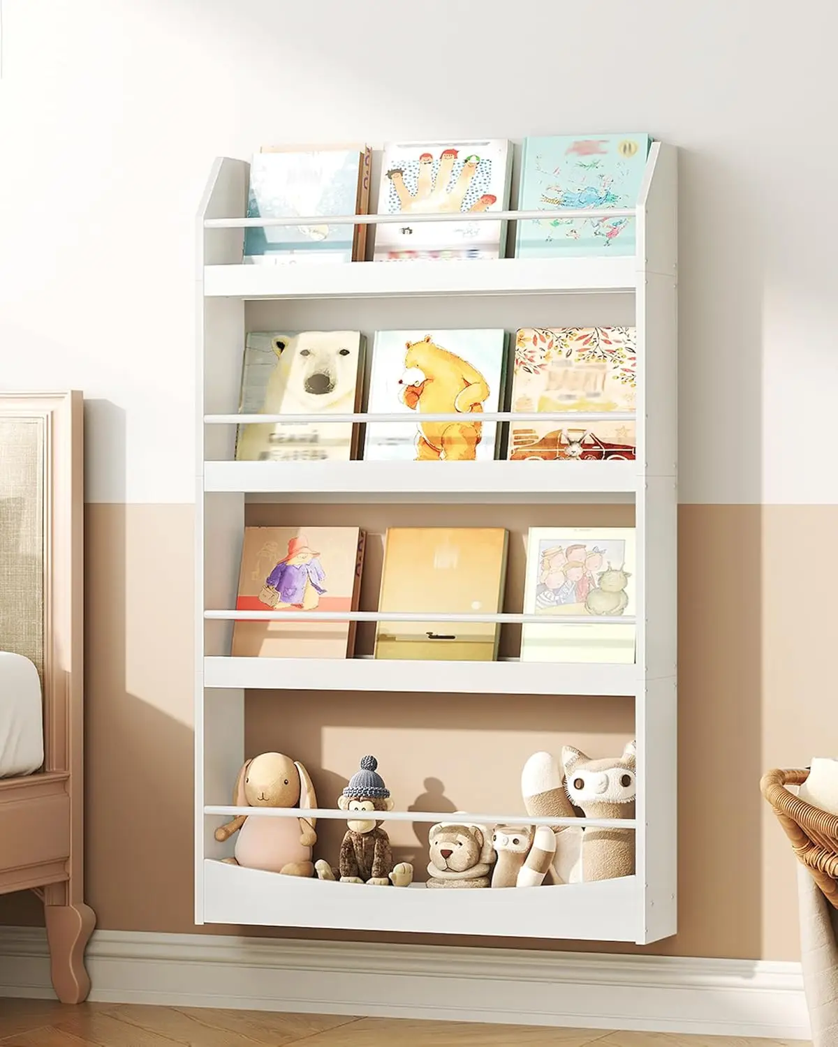 

Wall Mounted Kids Bookshelf, 4-Tier Nursery Shelf for Bedroom, Living Room, Playroom in White