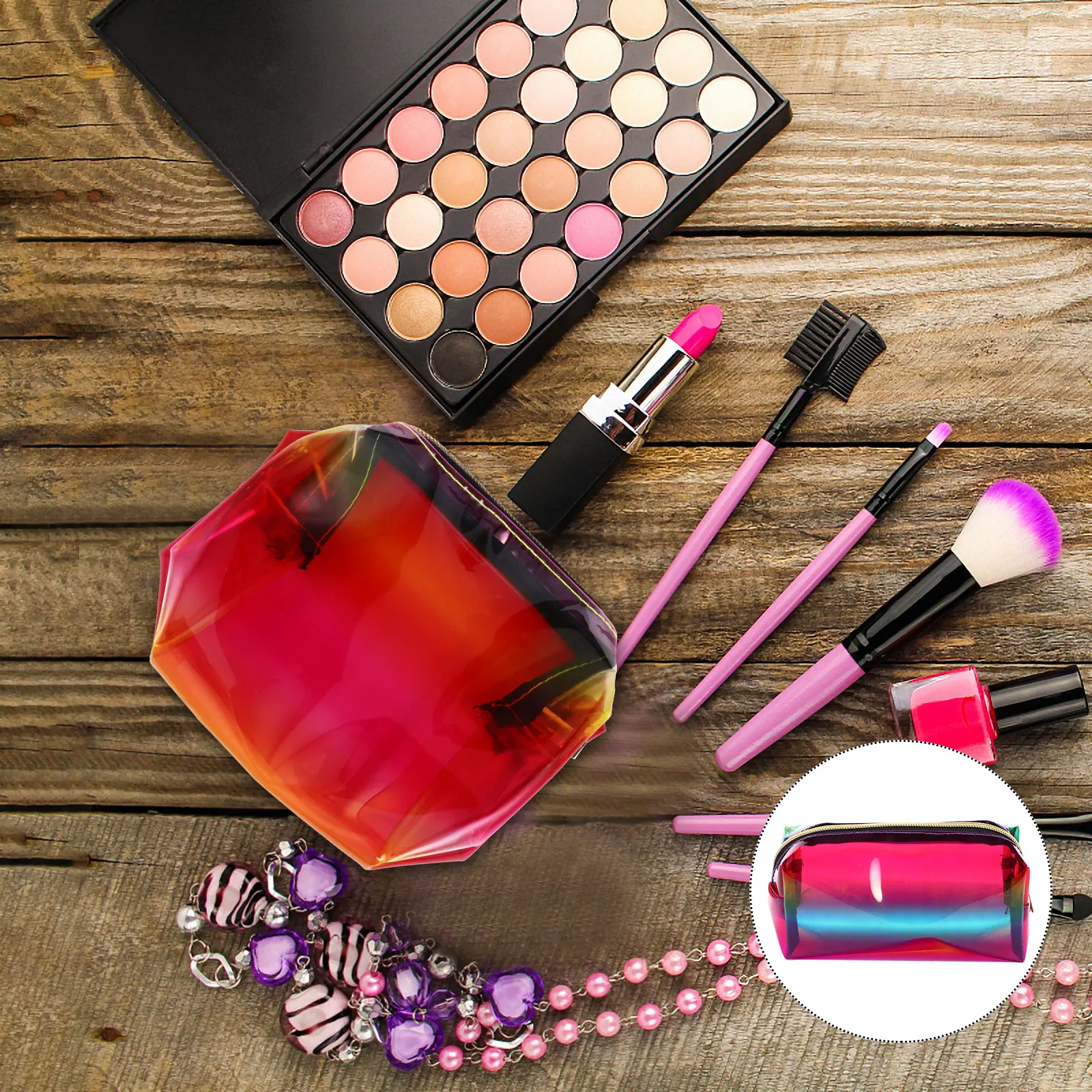 Bolsa transparente portátil de Tpu de gran capacidad, organizador de maquillaje, almacenamiento de viaje para mujer, soporte para brochas