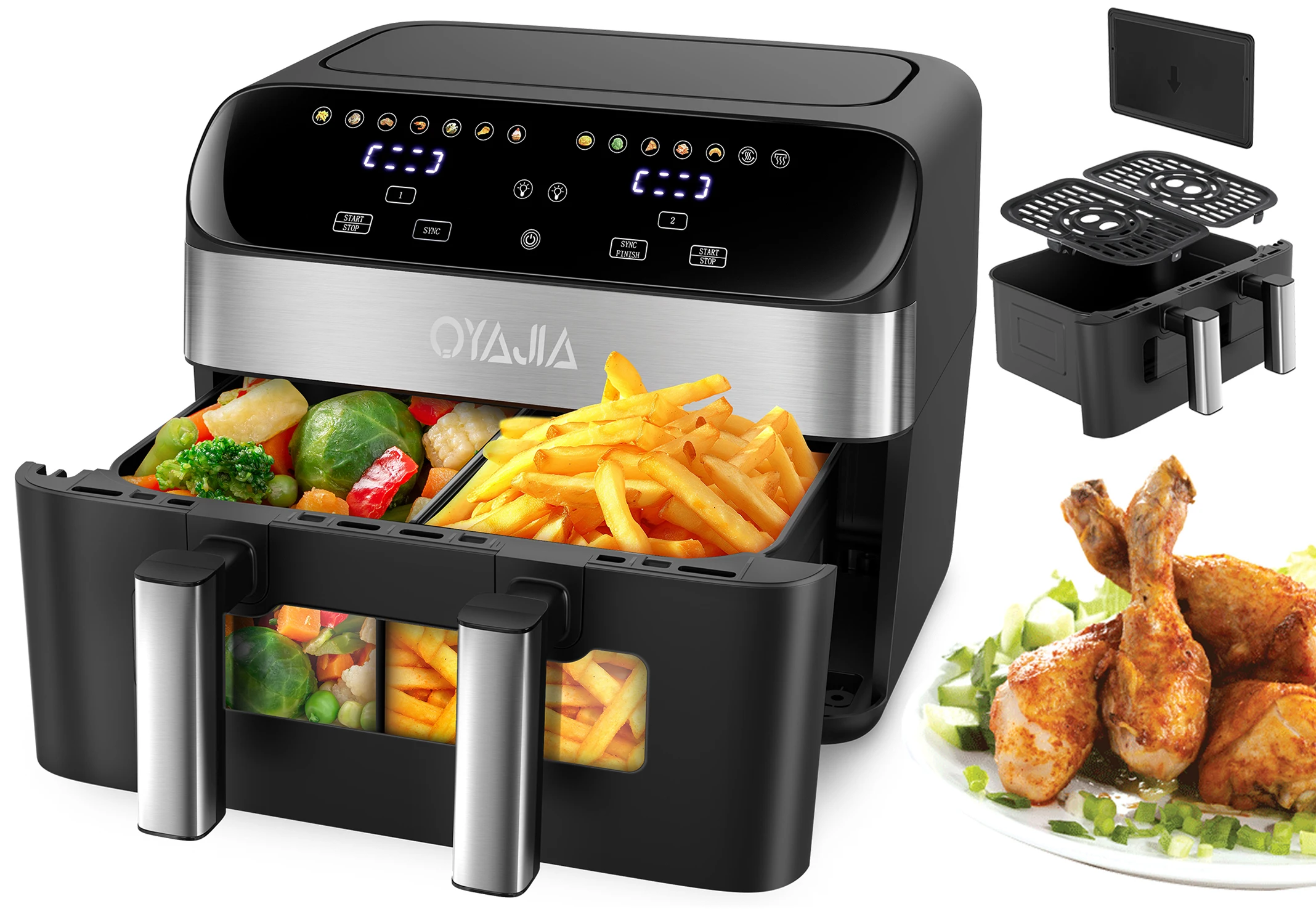 Freidora de aire de doble cesta con pantalla táctil OYAJIA de 10 L con ventana visible, temporizador de 60 minutos, 80 ° C-200 ° C, 8 modos de cocción preestablecidos