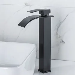 Black Waterfall High Style Stainless Steel Wash Basin Faucet Hot and Cold Mixer Faucets Sink Faucets Countertop Installation