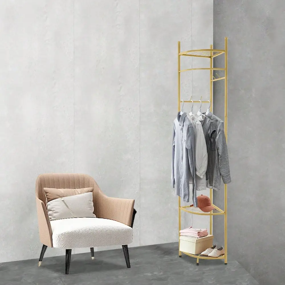 

Set Of Freestanding Carbon Steel Golden Coat Rack, Corner Clothing Rack With 4 Hooks, Metal Corner Coat Racks, Gold Clothing Ra