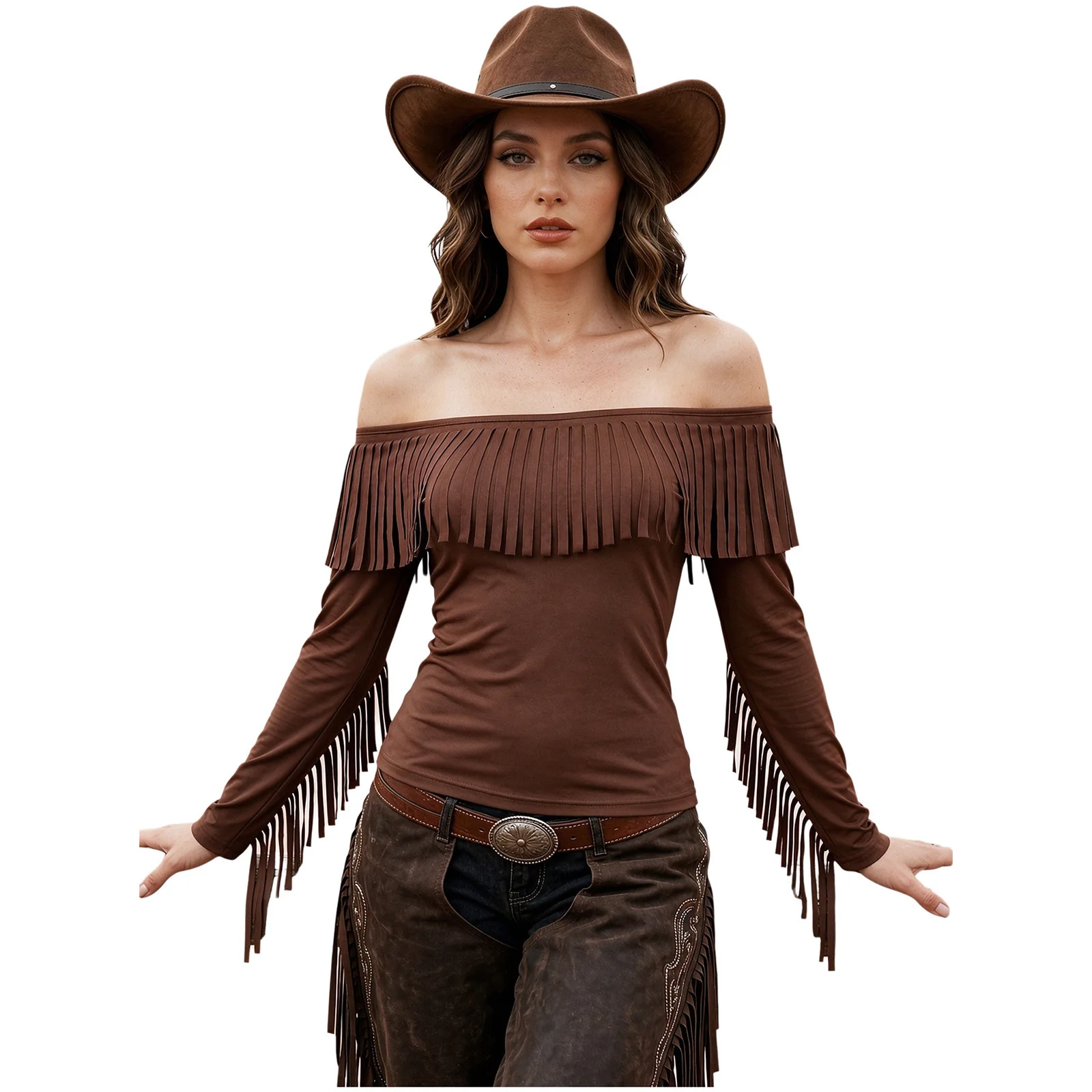 Women Western Cowgirl Suede Fringed Top for Halloween Off The Shoulder Tassel Western Boho Blouse Long Sleeve Stretchy T-shirt