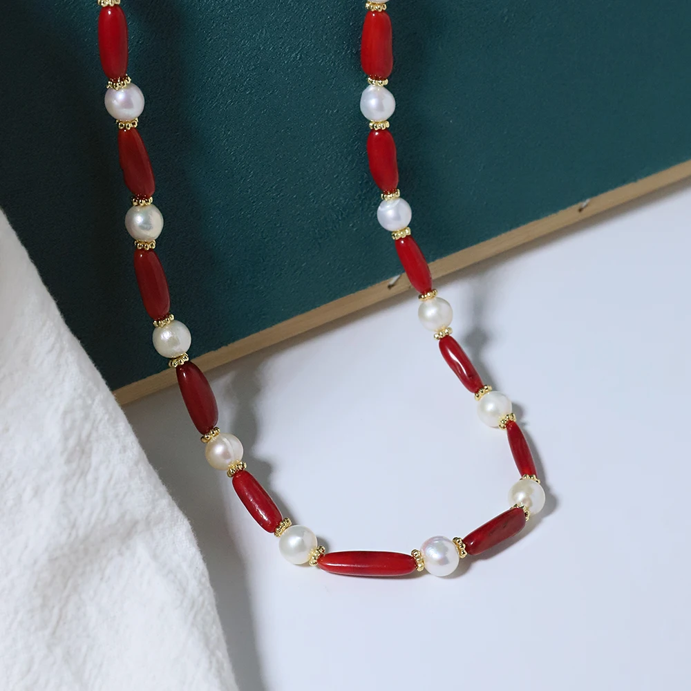 Red Coral Pearl Necklace 18K Gold Plated Copper Chain, Natural Jewelry with Freshwater Pearls, Hypoallergenic Gift for Women