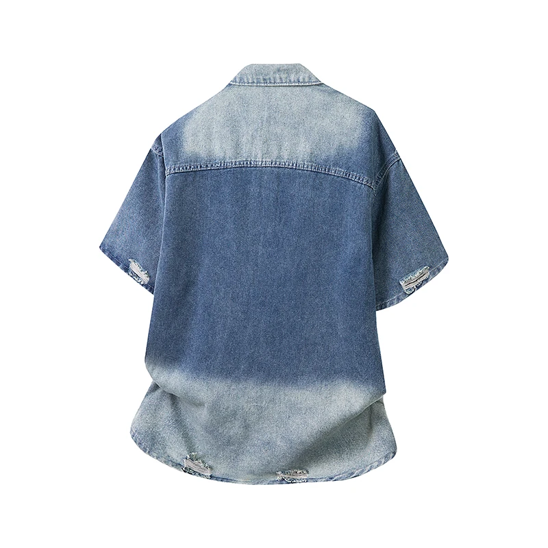 الصيف المطرزة الدنيم قميص واحد الصدر الرجال زهرة ممزق تي شيرت الأمريكية عادية موضة ريترو فضفاض كاوبوي تيز #2