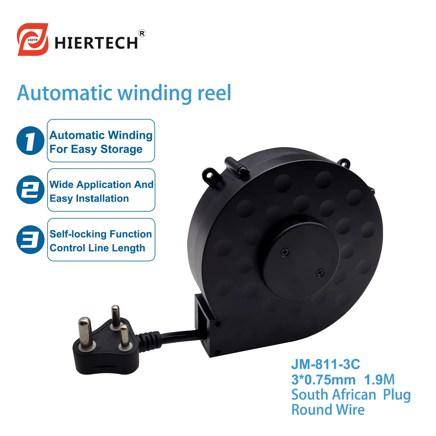 Hiertech Black 3-Core South African Plug Power Cord Winding Spool for Hairdryers and Gaming Tables