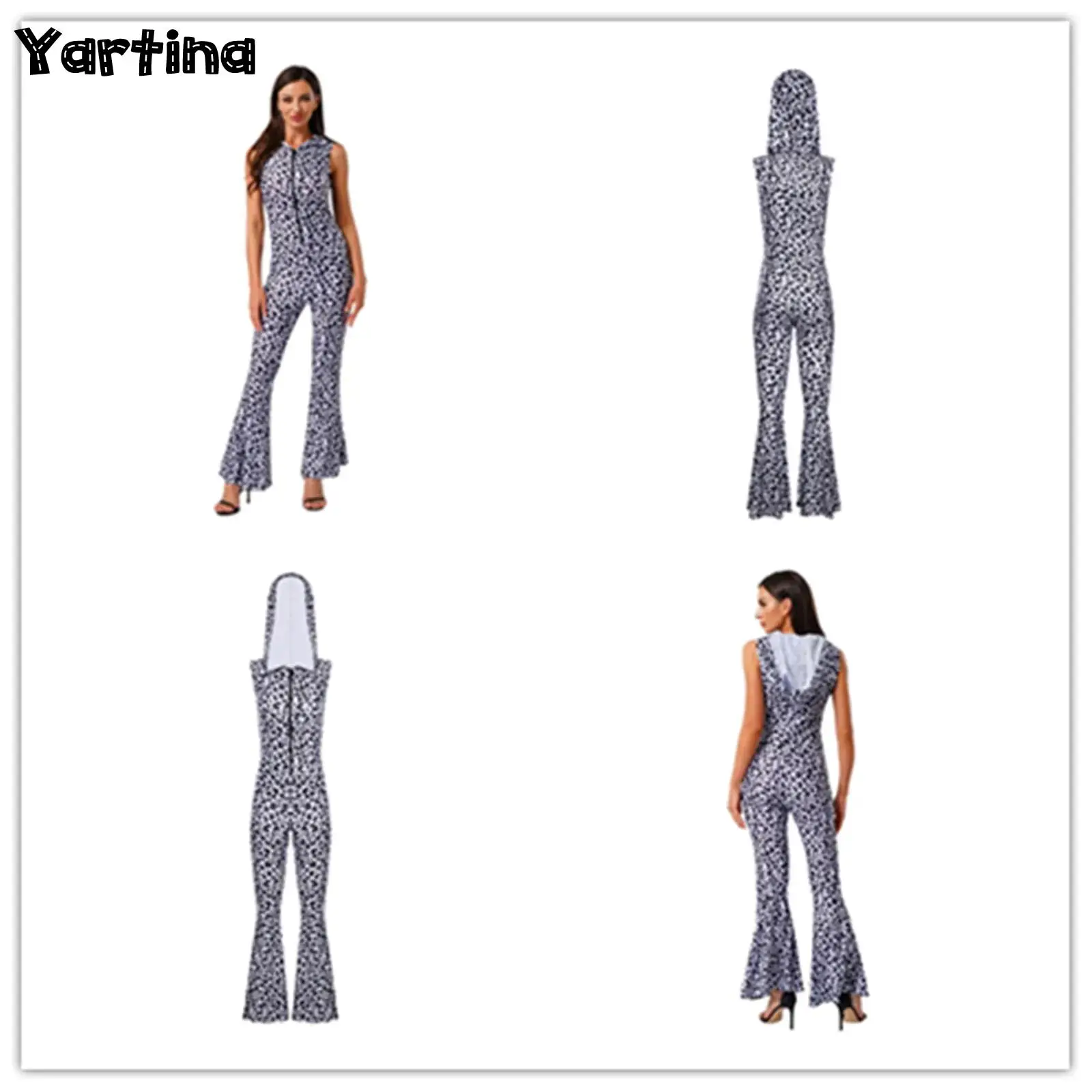 

Women 90s Printed Hooded Jumpsuit Rompers Theme Party Carnival Disco Costume Front Zipper Bell-Bottom Unitards Overalls Costume