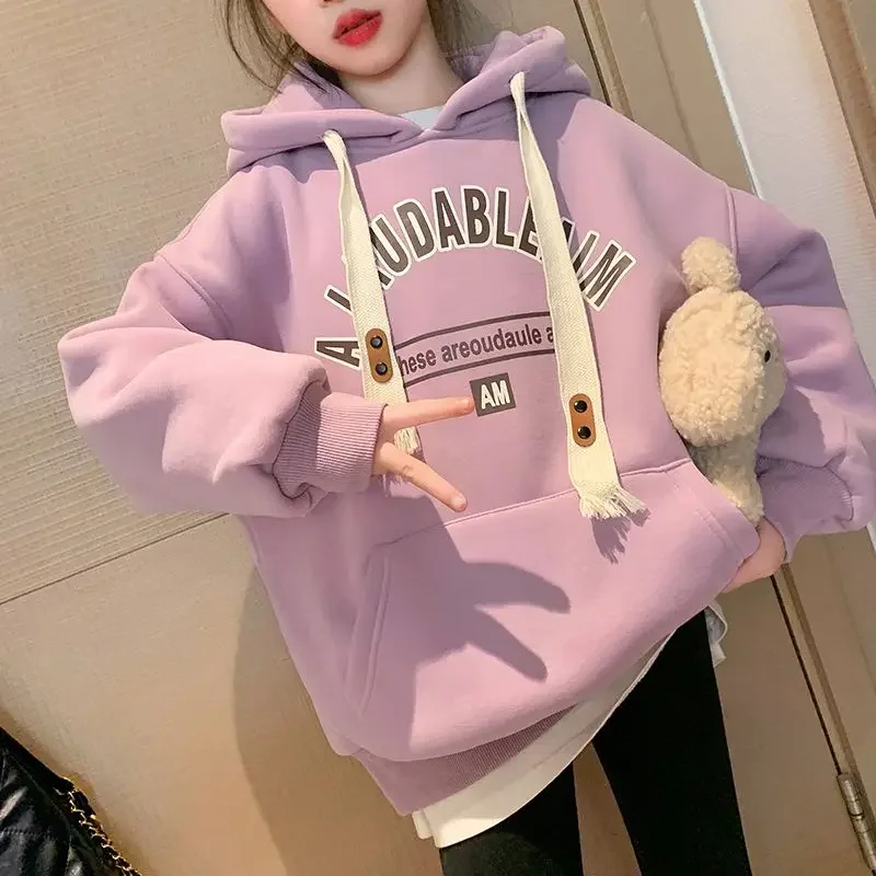 2026 Girls Spring Autumn Hoodie Loose Letter Print Sweatshirt Teen Middle School Casual Tops