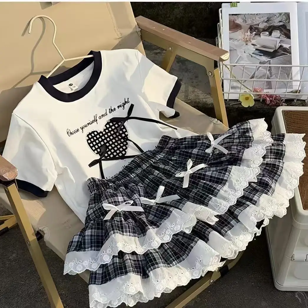 Girls' Short Sleeve Set Summer New Style Children's Stylish Short Sleeve T-shirt Bow Bow Skirt Two Piece Set