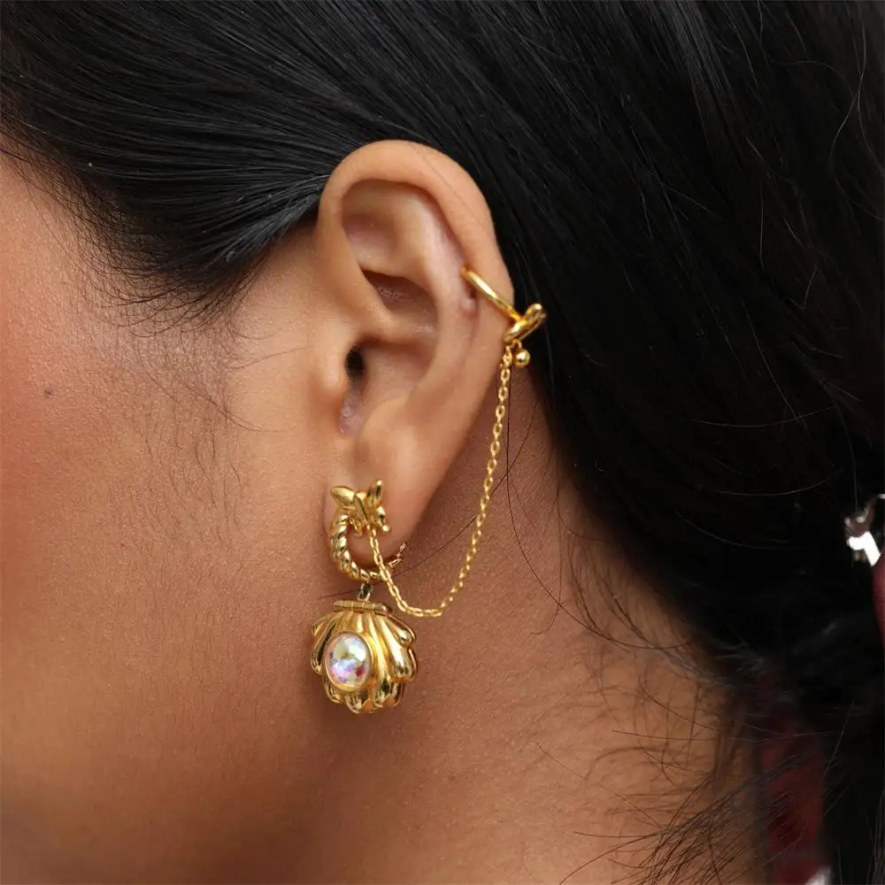 

Vintage Openable Shell Scallop Pendant Hoop Earrings for Women Girl New Unique Rhinestone Circle PVD Ear Hoops Huggie Party Gift