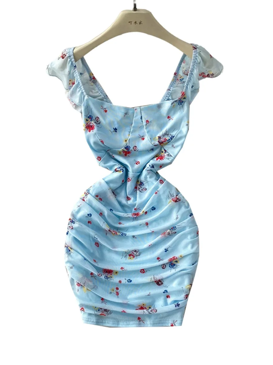 Foamlina 2025 New Floral Print Mesh Pleated Dress Women French Sexy Square Neck Flying Sleeve Slim Fit  Bodycon Dress