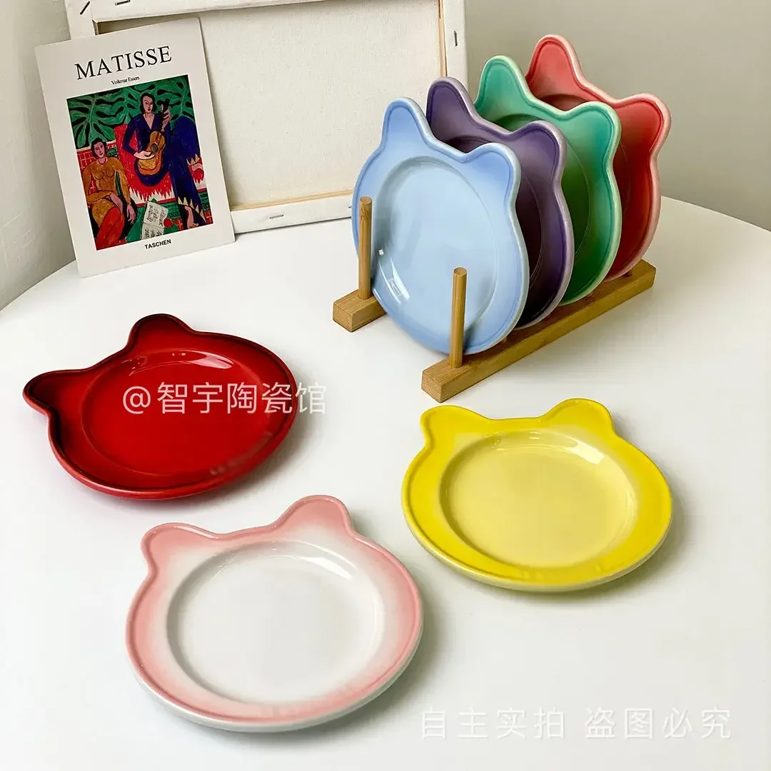 Little Bear Plate Instagram Cabbage Dessert Ceramic Flat Plate Pet Fruit Plate Snack Cat Bowl Ceramic Raw Bone and Meat Dish