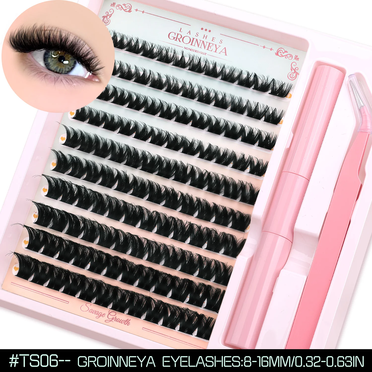 GROINNEYA Flauschiges Wimperncluster-Set mit wasserdichtem, starkem Halt, DIY-Wimpernverlängerungsset, Wimpernbindung, Versiegelung und Wimpernpinzette, Make-up – Detail 12