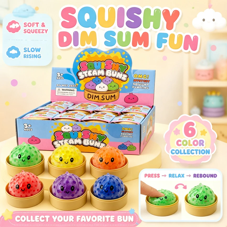 Crystal Mini Dumpling Squishy With Steamer Box Soft TPR Slow Rising Sensory Squeeze Stress Relief Cute Colorful Fidget Toy Gift