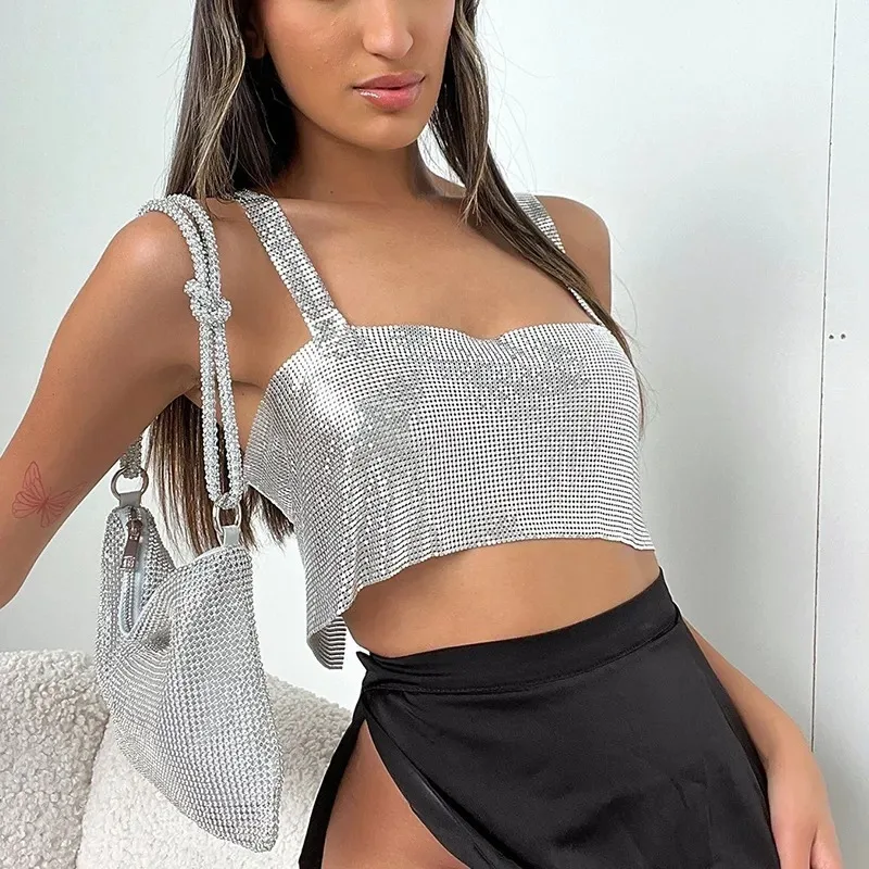 2023 Sexy Metal Sequin Tank Concert Top For Women y2k Summer Beach Backless Crop Top Rave Festival Club Outfits Camisole