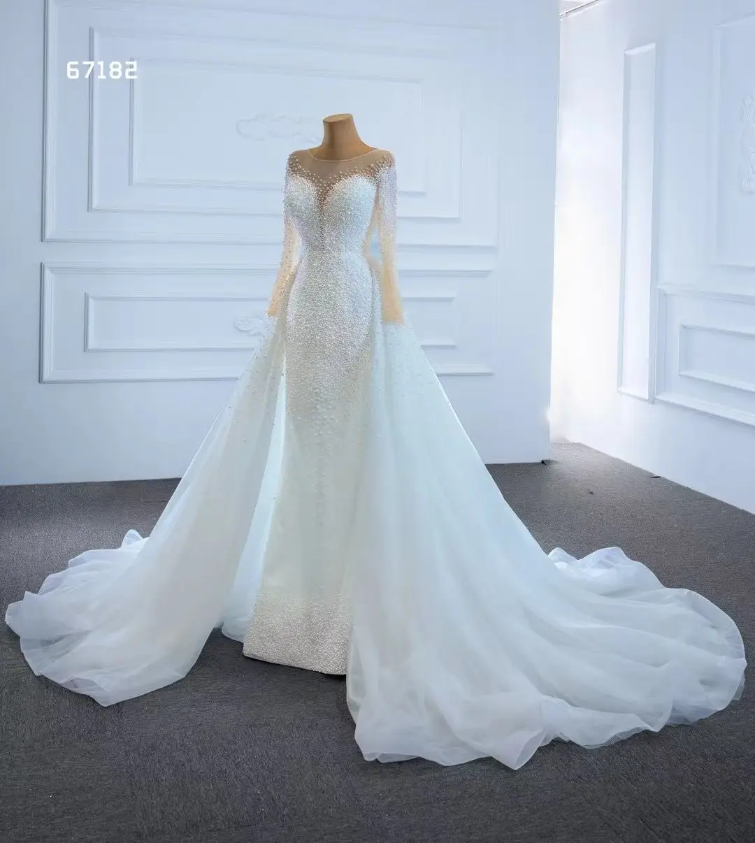 Illusion Langarm Kristall Meerjungfrau Hochzeit Kleid mit entfernen zug robe de mariage Perlen Lace-up Korsett Zurück Braut kleider