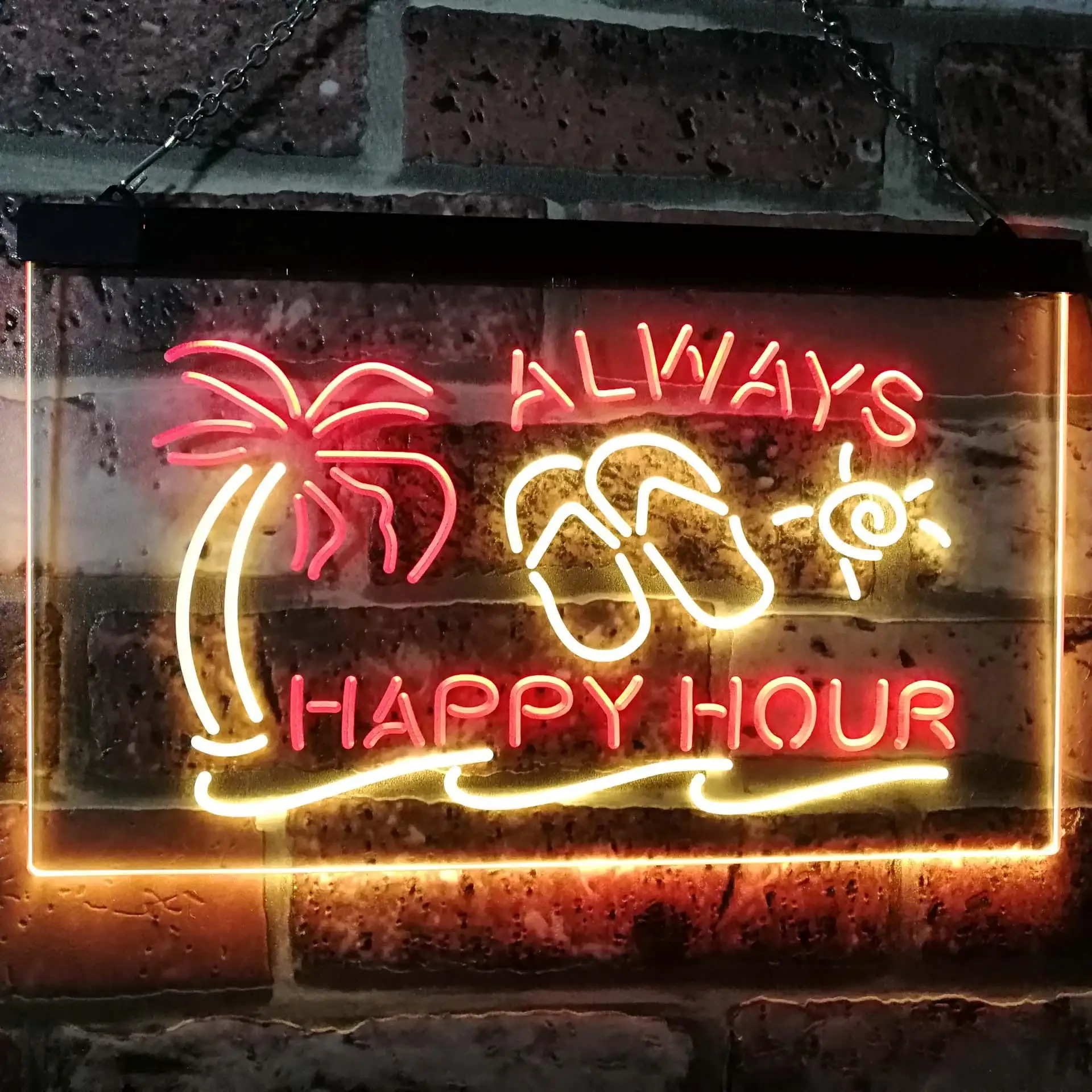

Happy Hour ALWAYS. Beach Sun Palm Tree Dual Color Led Neon Sign st6-i2530