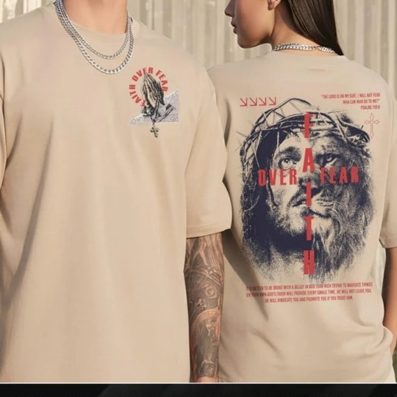 Koszulka Wiara Ponad Strach Jezus Krzyż Chrześcijańskie Koszulki Męskie Koszulki Religijne Damskie Katolicka Kolekcja Koszulek z Krzyżem Jezusa