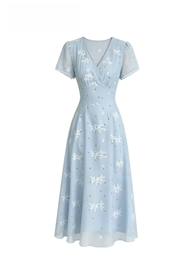 Fashionable Short Sleeve Dress Women plus Size Summer New Style Elegant Popular Skirt French Style Print A-Line Long Dress