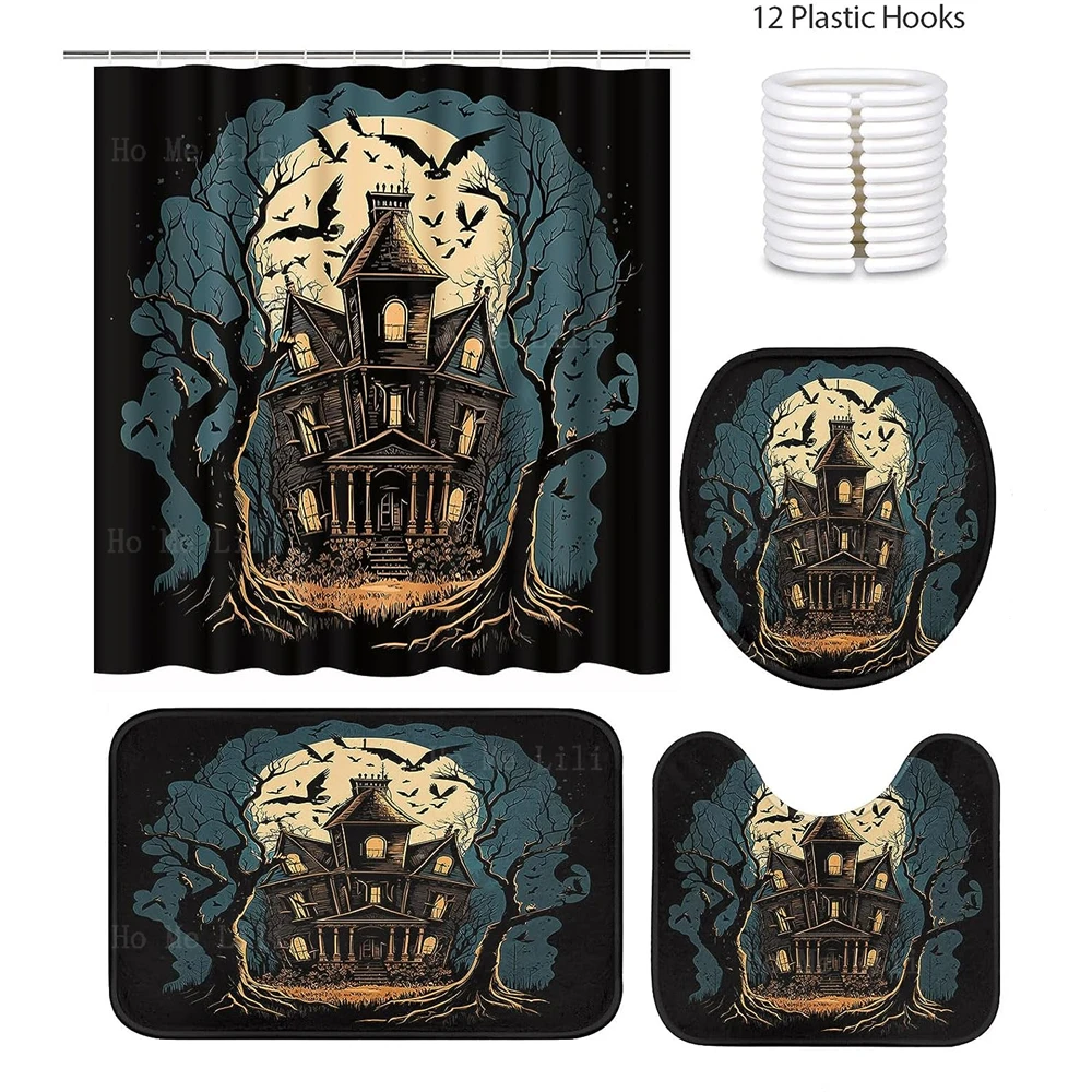 Halloween Castle In Night Pumpkin Lamp All Saints Day Shower Curtain Toilet Lid Cover And Bath Mat