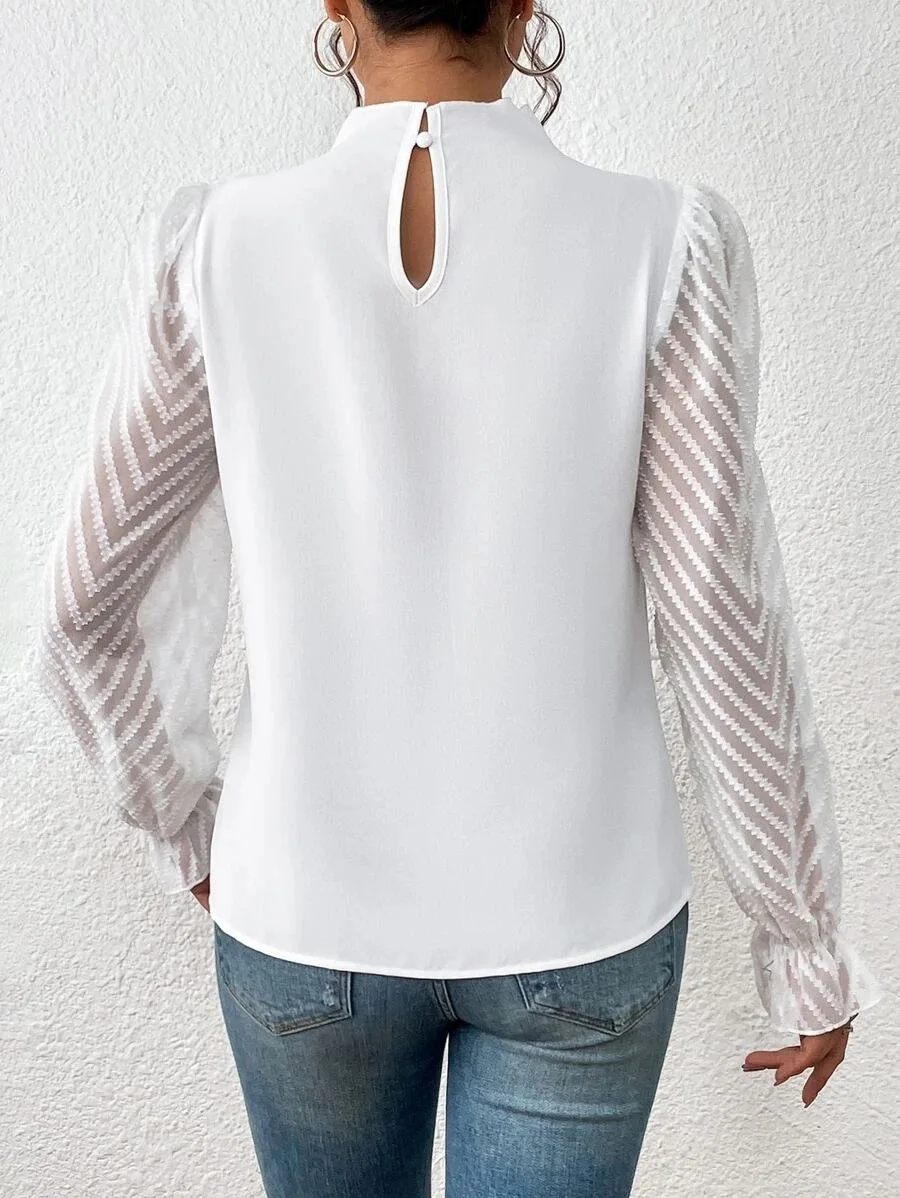 Camisa elegante de gasa para mujer, blusa de oficina con Cuello medio alto, Top de manga larga con ondas, S-XXL, otoño, 2023