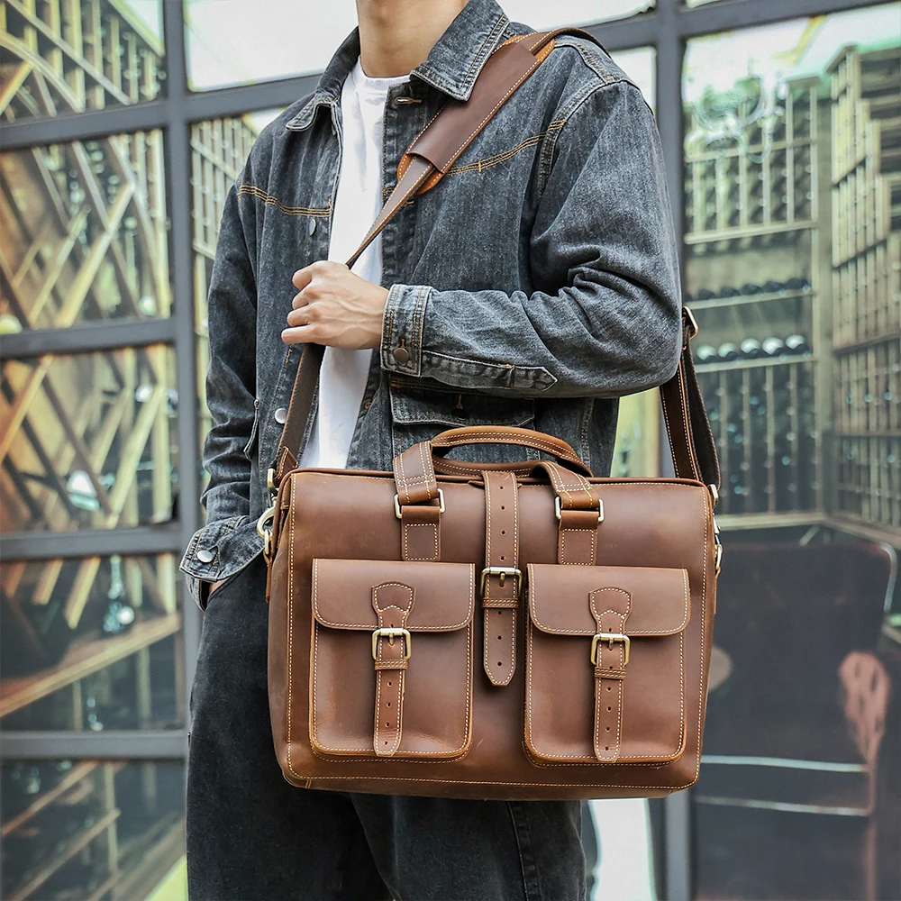 Bolsa de couro genuíno para homens, bolsa de grande capacidade, pasta de negócios, cavalo louco retrô, 15,6 polegadas, TheSingle