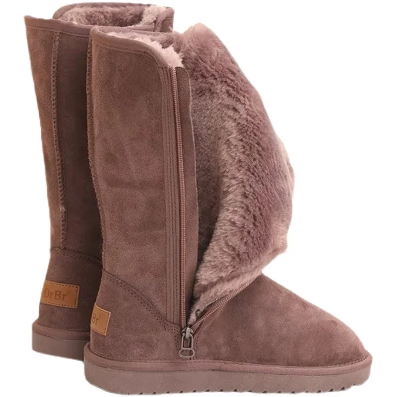 Bottes de neige en cuir véritable pour femmes et filles, imperméables, chaudes, fourrure australienne, plus velours, hauteur genou, hiver, dames classiques, 2023