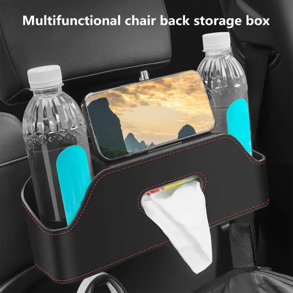 Car Headrest Storage Box Car Seat Back Storage Box Faux Leather Organizer With Tissue Holder Cup Phone Mount Auto Accessories