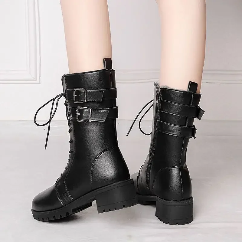 2023 Winter New Leather Womens Boots Chunky Heel Big Size platform boots Short Plush Fashion Buckle Side Zipper Warm Women Shoes